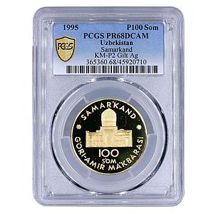 Uzbekistan 100 som Samarkand City Mosque PR68 PCGS Probe gilded brass coin 1995