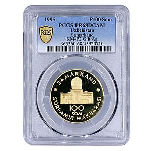 Uzbekistan 100 som Samarkand City Mosque PR68 PCGS Probe gilded brass coin 1995