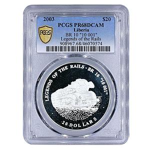 Liberia 20 dollars Train Railways Locomotive BR 10 10 001 PR68 PCGS Ag coin 2003