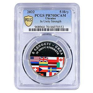 Ukraine 5 hryvnias In Unity Strength Countries Flags PR70 PCGS CuNi coin 2022