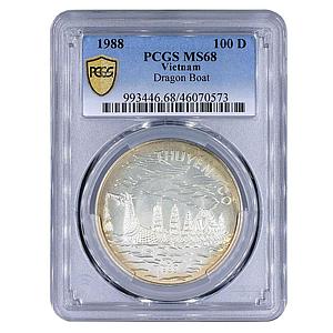 Vietnam 100 dong Historic Ship Large Dragon Ship MS68 PCGS silver coin 1988