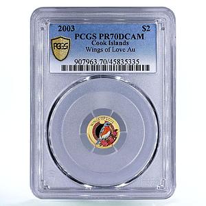 Cook Islands 2 dollars Wings of Love Bird Fauna PR70 PCGS colored gold coin 2003