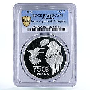 Colombia 750 pesos Tomas Cipriano de Mosquera Colibri Bird PR68 PCGS 1978