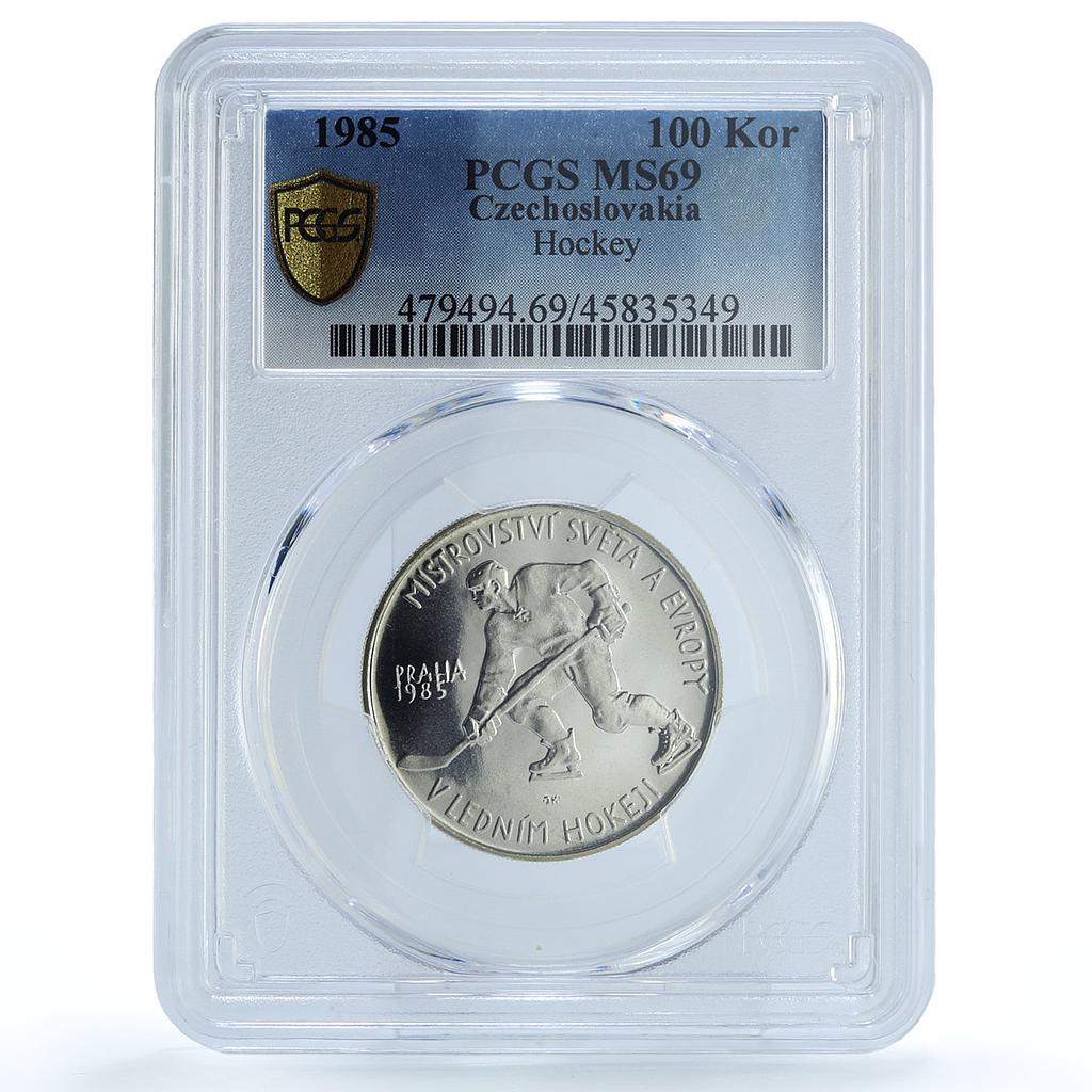 Czechoslovakia 100 korun Ice Hockey World Cup MS69 PCGS silver coin 1985