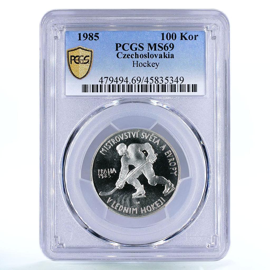 Czechoslovakia 100 korun Ice Hockey World Cup MS69 PCGS silver coin 1985