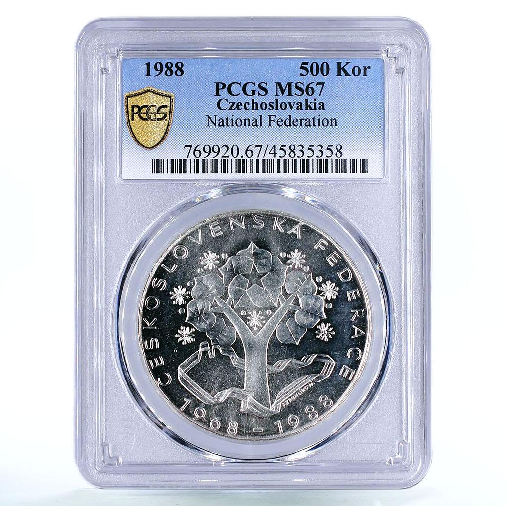 Czechoslovakia 500 korun National Federation Oak Tree MS67 PCGS silver coin 1988