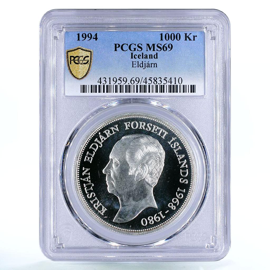 Iceland 1000 kronur 3rd President Kristjan Eldjarn MS69 PCGS silver coin 1994