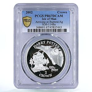 Isle of Man 1 crown Harry Potter Burrow Car Owl Bird PR67 PCGS Ag coin 2002