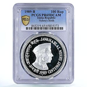 India 100 rupees Premier Minister Jawaharlal Nehru PR65 PCGS silver coin 1989