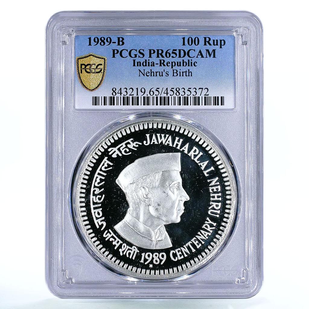 India 100 rupees Premier Minister Jawaharlal Nehru PR65 PCGS silver coin 1989