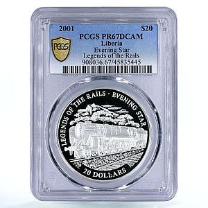 Liberia 20 dollars Railway Trains Locomotive Evening Star PR67 PCGS Ag coin 2001