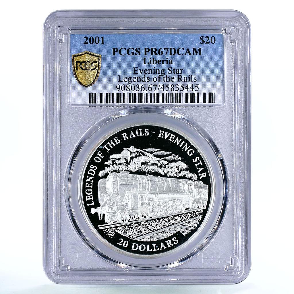 Liberia 20 dollars Railway Trains Locomotive Evening Star PR67 PCGS Ag coin 2001