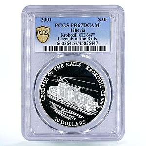 Liberia 20 dollars Railway Trains Locomotive Krokodil CE PR67 PCGS Ag coin 2001