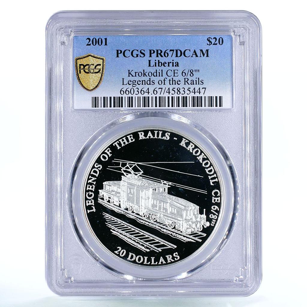 Liberia 20 dollars Railway Trains Locomotive Krokodil CE PR67 PCGS Ag coin 2001