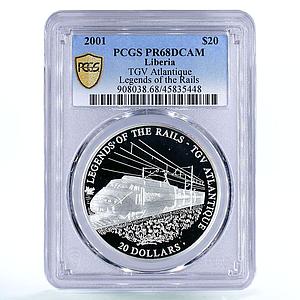 Liberia 20 dollars Railway Trains Locomotive TVG Atlantic PR68 PCGS Ag coin 2001