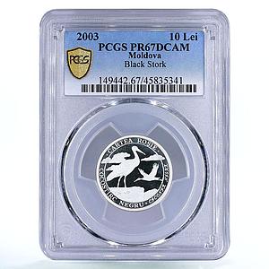 Moldova 10 lei Endangered Wildlife Black Stork Bird Fauna PR67 PCGS Ag coin 2003