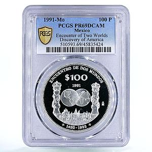Mexico 100 pesos Encounter of Two Worlds Ships PR69 PCGS silver coin 1991