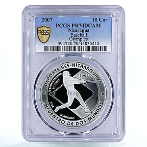Nicaragua 10 cordobas Olympic Games Sports Baseball PR70 PCGS silver coin 2007