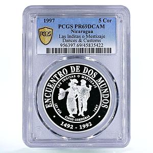 Nicaragua 5 cordobas Folk Dance Inditas o Mestizaje PR69 PCGS silver coin 1997