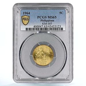 Philippines 5 centavos State Coinage Seated Man Volcano MS65 PCGS CuZn coin 1964