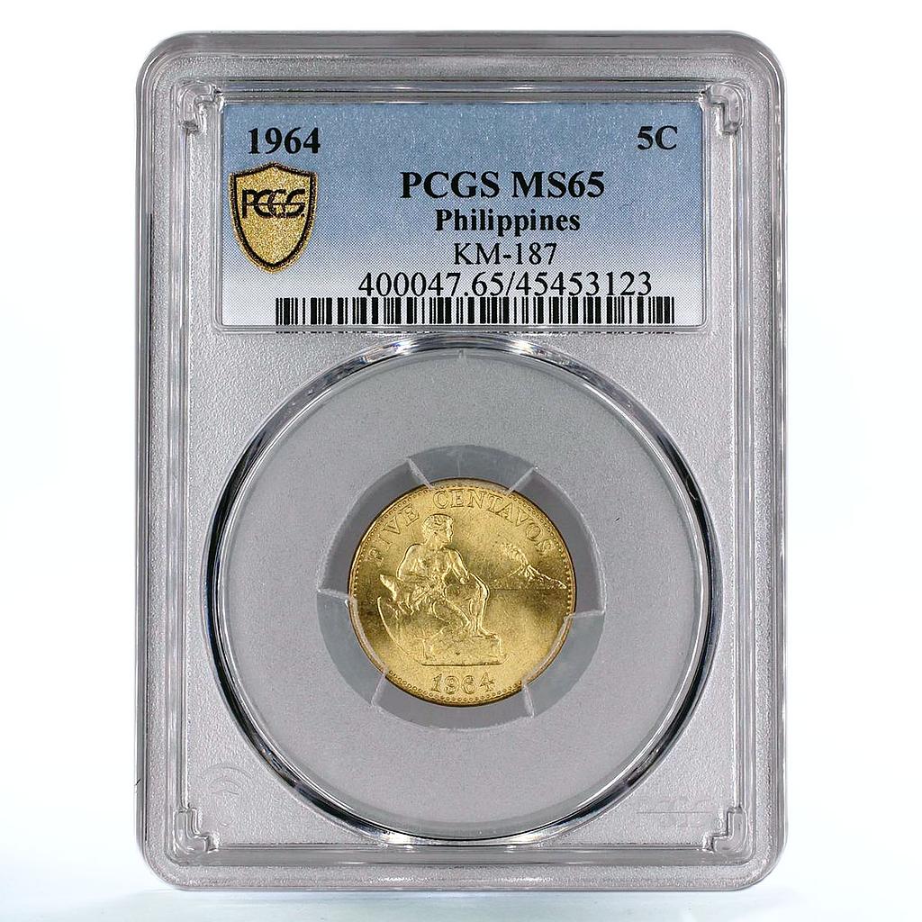 Philippines 5 centavos State Coinage Seated Man Volcano MS65 PCGS CuZn coin 1964
