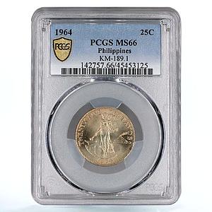 Philippines 25 centavos State Coinage Woman with Hammer MS66 PCGS CuNi coin 1964
