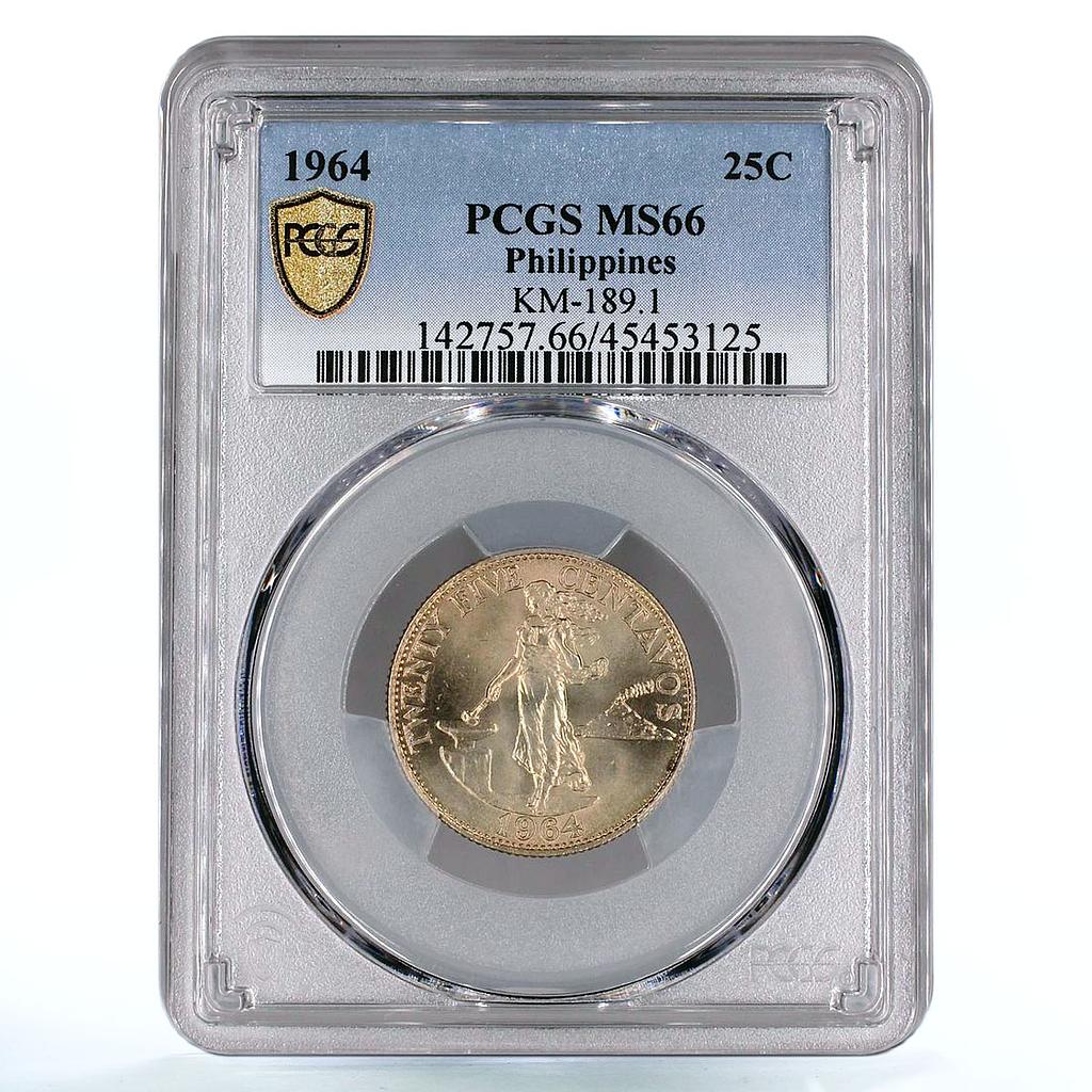 Philippines 25 centavos State Coinage Woman with Hammer MS66 PCGS CuNi coin 1964