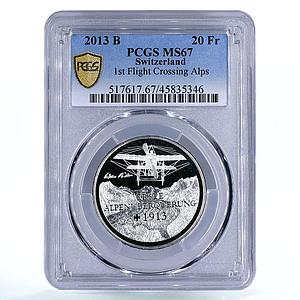 Switzerland 20 francs Transalpine Flight Plane Mountains MS67 PCGS Ag coin 2013