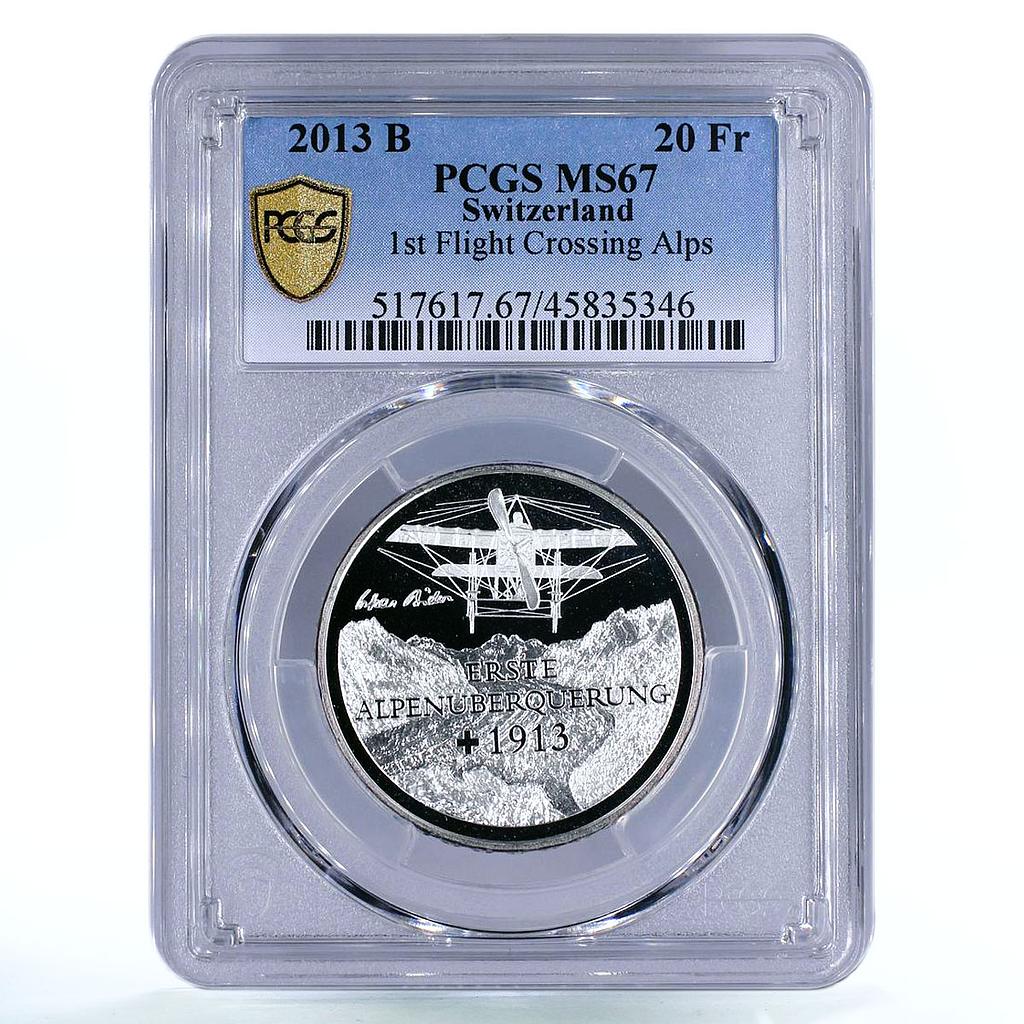 Switzerland 20 francs Transalpine Flight Plane Mountains MS67 PCGS Ag coin 2013