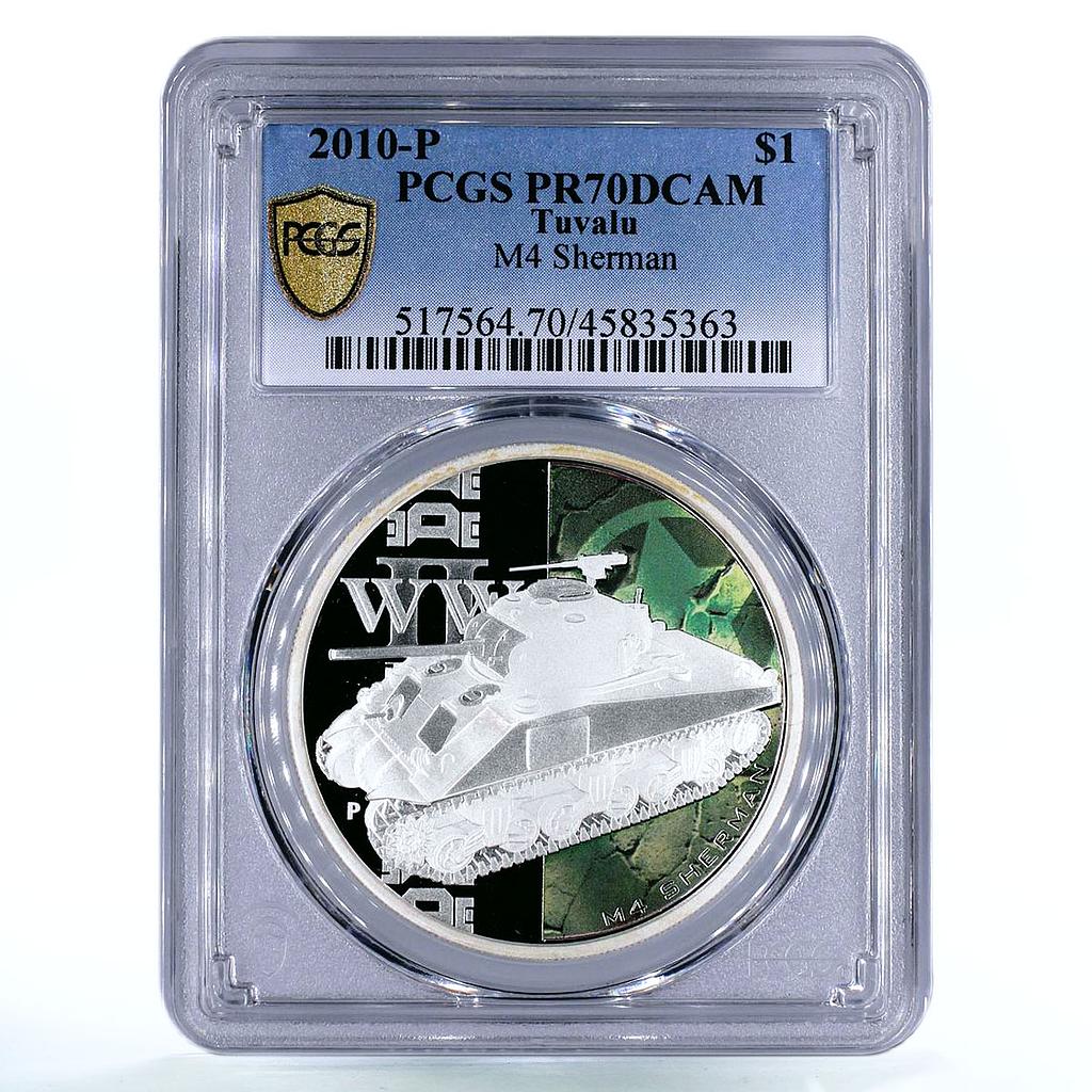 Tuvalu 1 dollar WWII Tanks American M4 Sherman Arms PR70 PCGS silver coin 2010