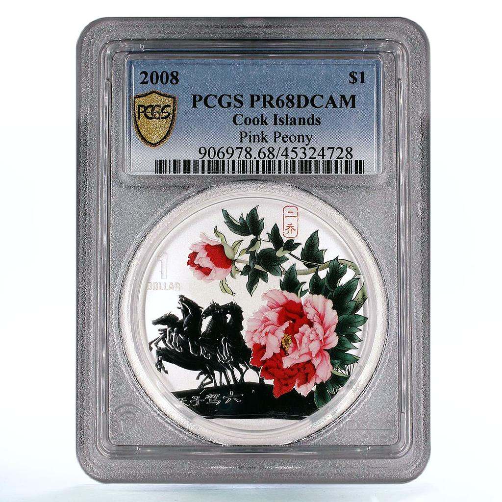Cook Islands 1 dollar Magnificent Peony Pink Flower PR68 PCGS silver coin 2008