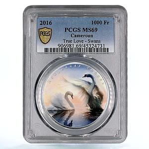 Cameroon 1000 francs True Love Swans Birds MS69 PCGS colored silver coin 2016