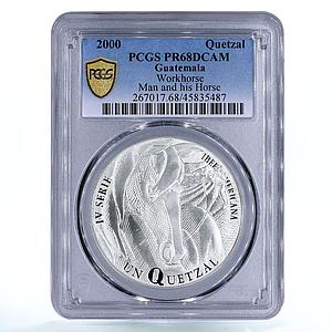 Guatemala 1 quetzal Ibero American Man Horse Animals PR68 PCGS silver coin 2000