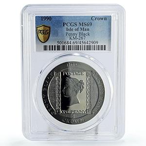 Isle of Man 1 crown Penny Black Post Stamp MS69 PCGS silver coin 1990