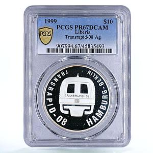 Liberia 10 dollars Transrapid-08 Train Railways Railroad PR67 PCGS Ag coin 1999