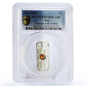 Niue 1 dollar Pendant with Amber Flowers Flora PR70 PCGS silver coin 2011