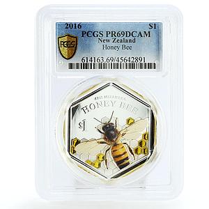 New Zealand 1 dollar Honey Bee Insect Fauna PR69 PCGS colored silver coin 2016