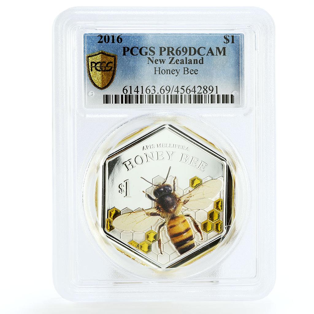 New Zealand 1 dollar Honey Bee Insect Fauna PR69 PCGS colored silver coin 2016