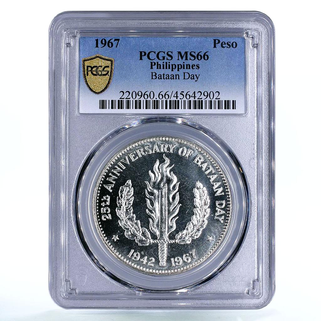 Philippines 1 peso 25th Anniversary of Bataan Day MS66 PCGS silver coin 1967