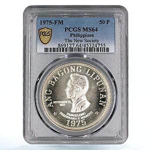 Philippines 50 piso Ferdinand E. Marcos MS64 PCGS silver coin 1975