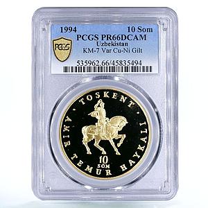 Uzbekistan 10 som Horseman Temur Haykali  PR66 PCGS gilded CuNi trial coin 1994