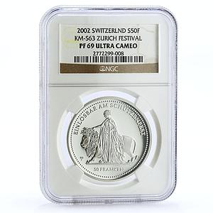 Switzerland 50 francs Shooting Festival Una and Lion PF69 NGC silver coin 2002