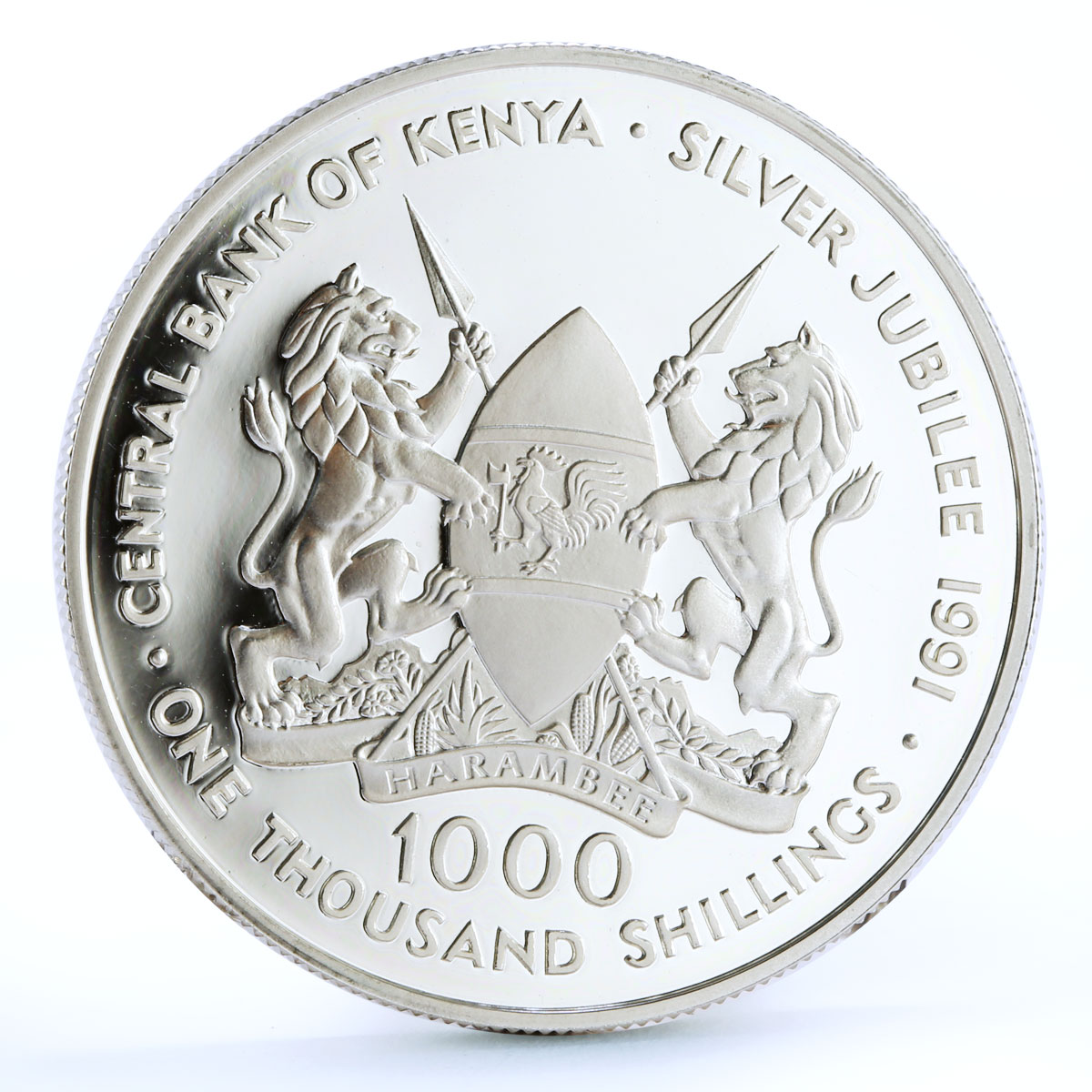 Kenya 1000 shillings Central Bank Jubilee President Daniel Moi silver coin 1991