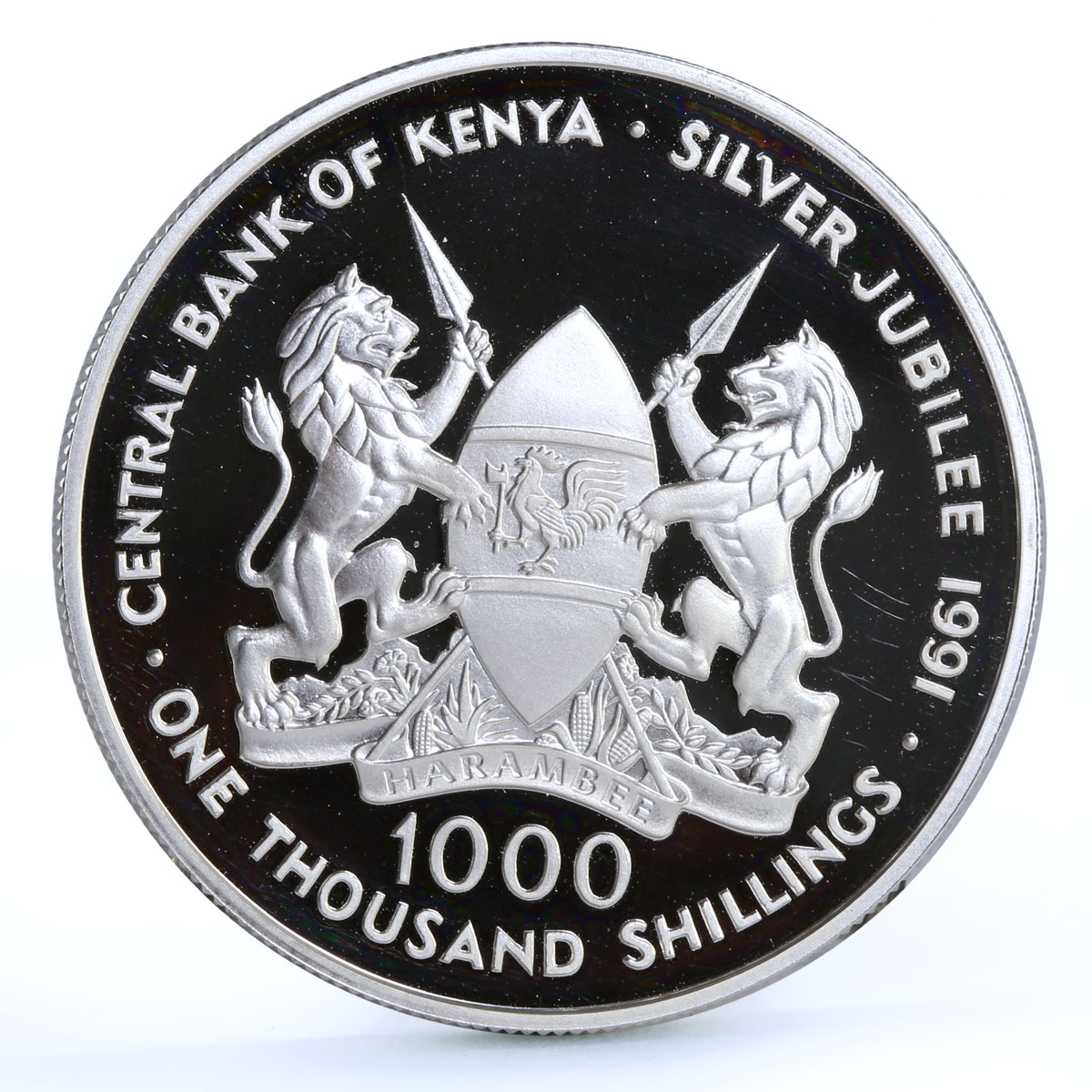 Kenya 1000 shillings Central Bank Jubilee President Daniel Moi silver coin 1991