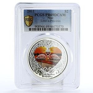 Niue 2 dollars Love is Precious Flamingos Birds Animals PR69 PCGS Ag coin 2011