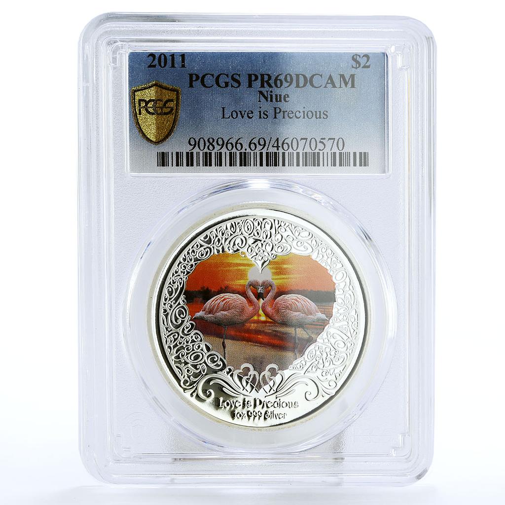 Niue 2 dollars Love is Precious Flamingos Birds Animals PR69 PCGS Ag coin 2011