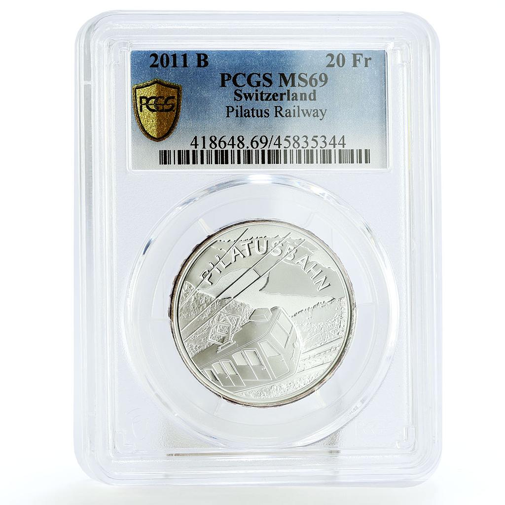Switzerland 20 francs Pilatus Railway Railroad Train MS69 PCGS silver coin 2011