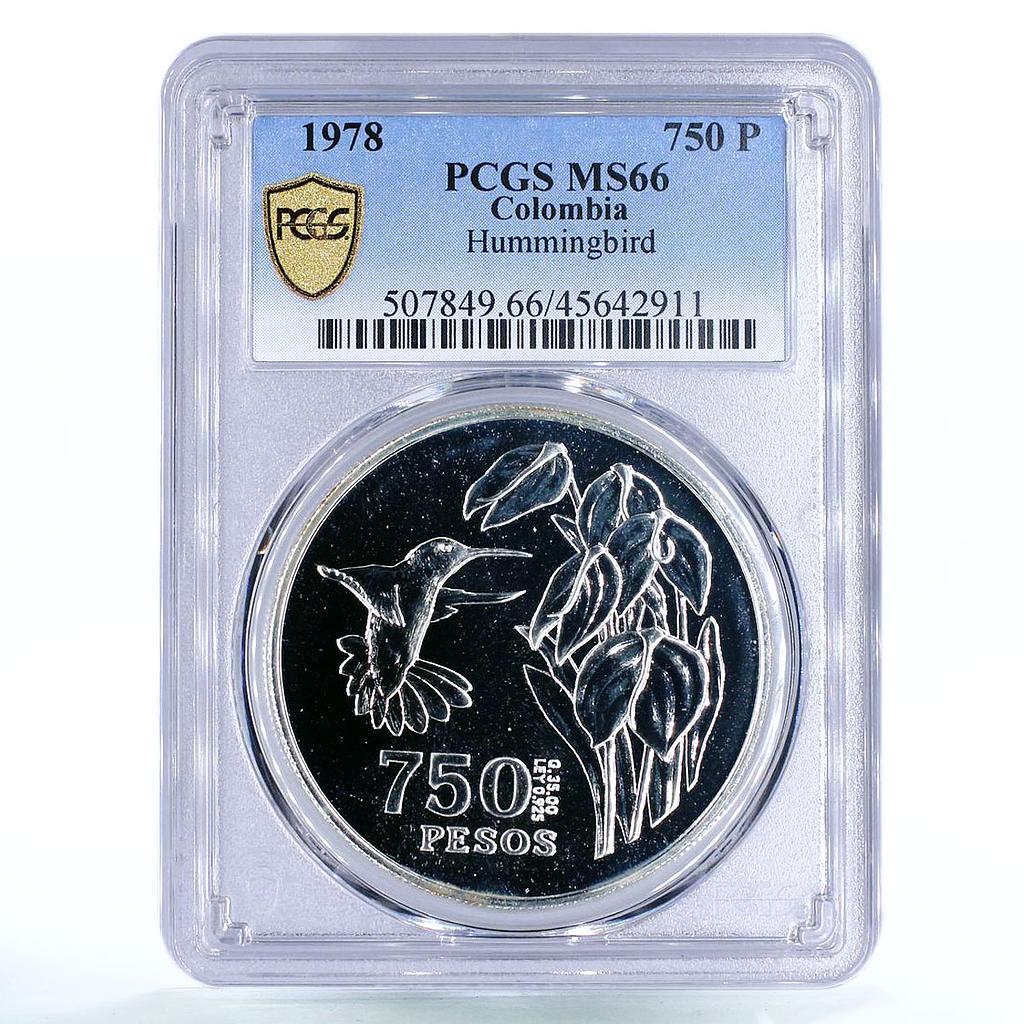 Colombia 750 pesos Endangered Wildlife Colibri Bird Fauna MS66 PCGS Ag coin 1978