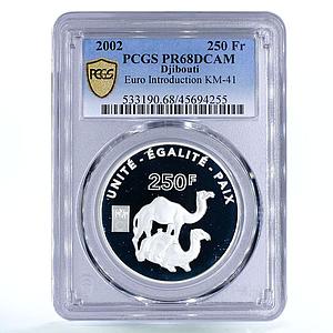 Djibouti 250 francs Euro Introduction Camels Animals PR68 PCGS silver coin 2002
