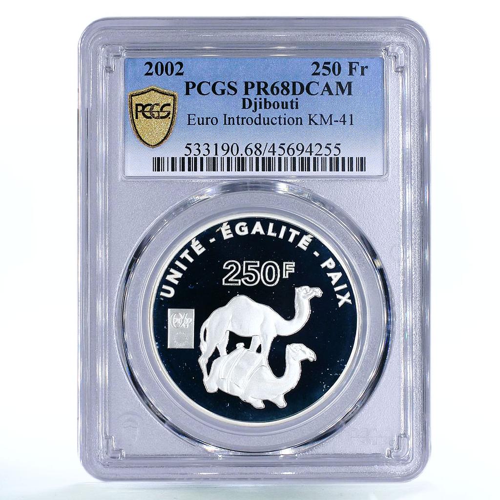 Djibouti 250 francs Euro Introduction Camels Animals PR68 PCGS silver coin 2002